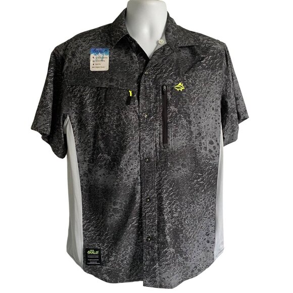 Loco Skailz Black Gray Print Short Sleeve Button Down Shirt Men's Medium NEW - Picture 1 of 8